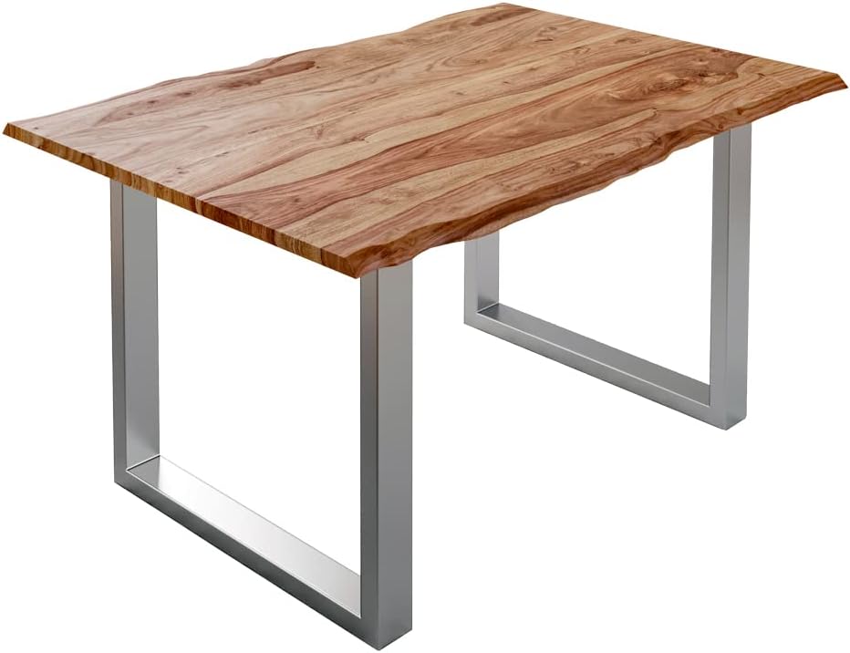 Sahajhast Solid Sheesham Wood Dining Table with Real Wane Edge and Silver U-Frame Base – Natural Finish - ART AKASHA STUDIO