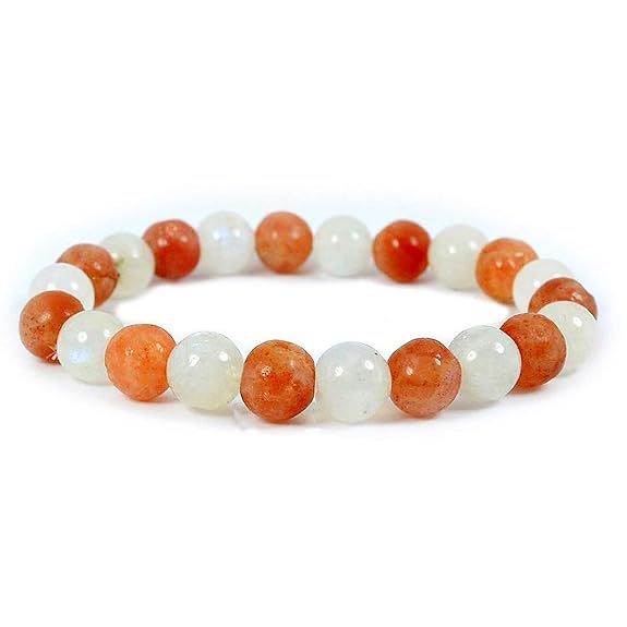 Moonstone & Sunstone Healing Crystal Bracelet – Unisex Adult (Peach & White) - ART AKASHA STUDIO