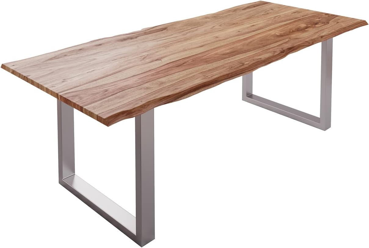 Sahajhast Solid Sheesham Wood Dining Table with Real Wane Edge and Silver U-Frame Base – Natural Finish - ART AKASHA STUDIO