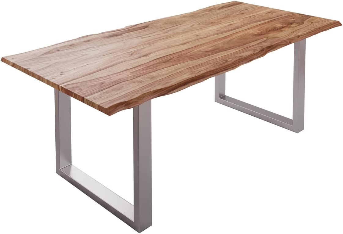 Sahajhast Solid Sheesham Wood Dining Table with Real Wane Edge and Silver U-Frame Base – Natural Finish - ART AKASHA STUDIO