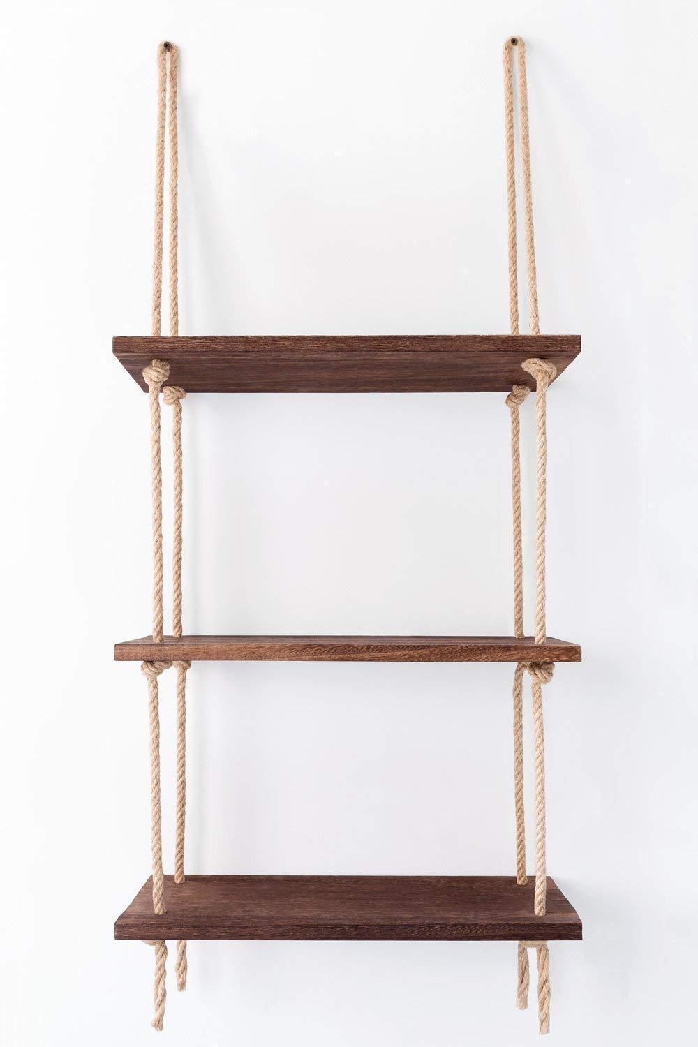 Wood Hanging Shelf Wall Swing Storage Shelves Jute Rope Organizer Rack, 3 Tier - ART AKASHA STUDIO