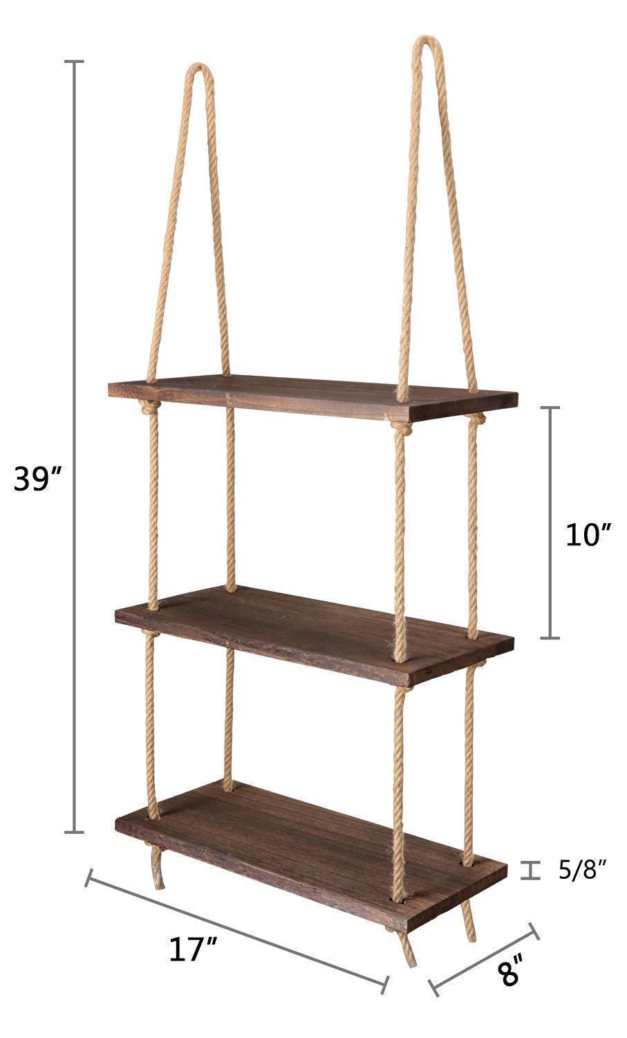 Wood Hanging Shelf Wall Swing Storage Shelves Jute Rope Organizer Rack, 3 Tier - ART AKASHA STUDIO
