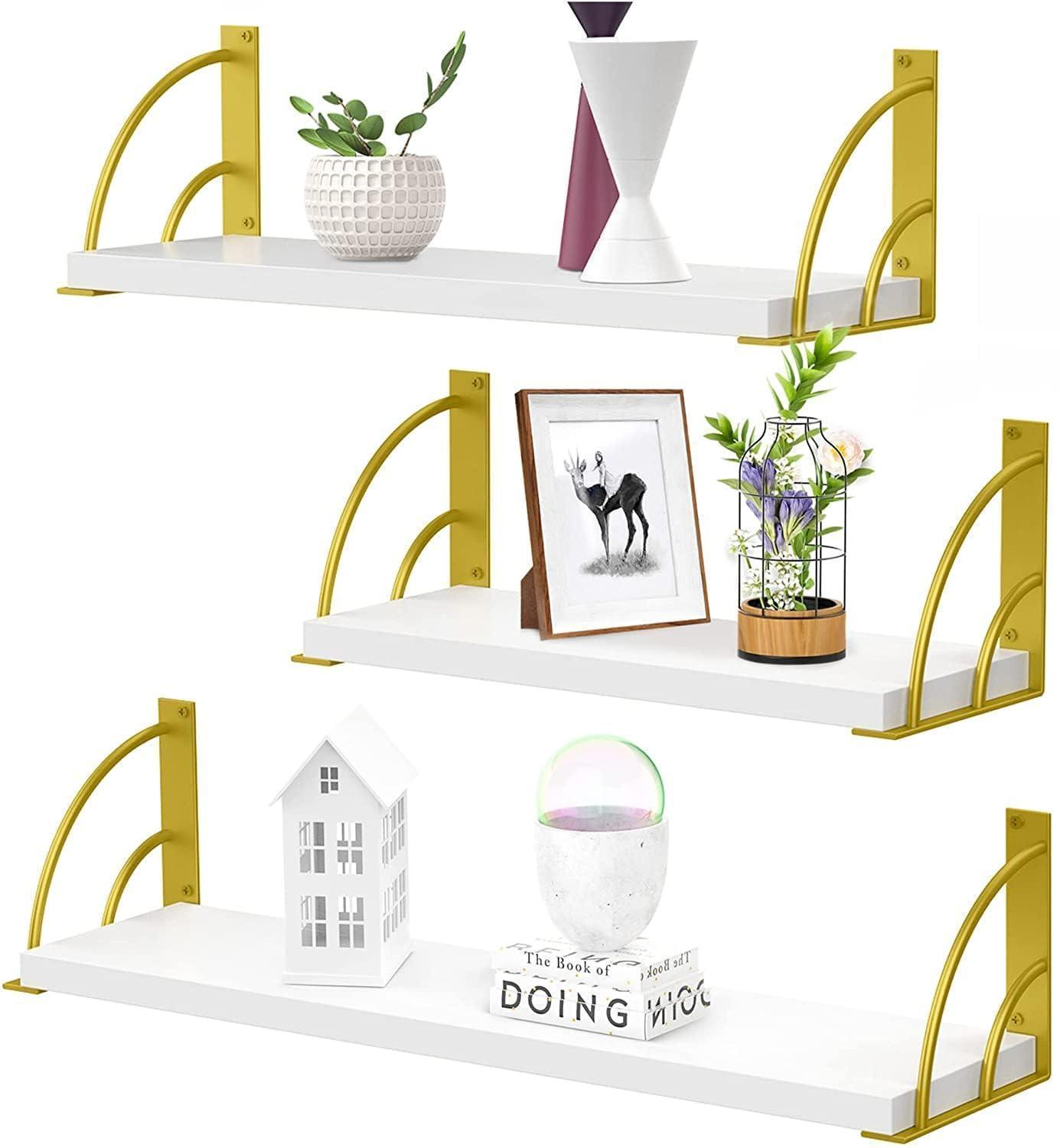 Sahaj Hast Set of 3 White Wood Wall Shelves – Modern Storage and Display Solution for Any Room - ART AKASHA STUDIO