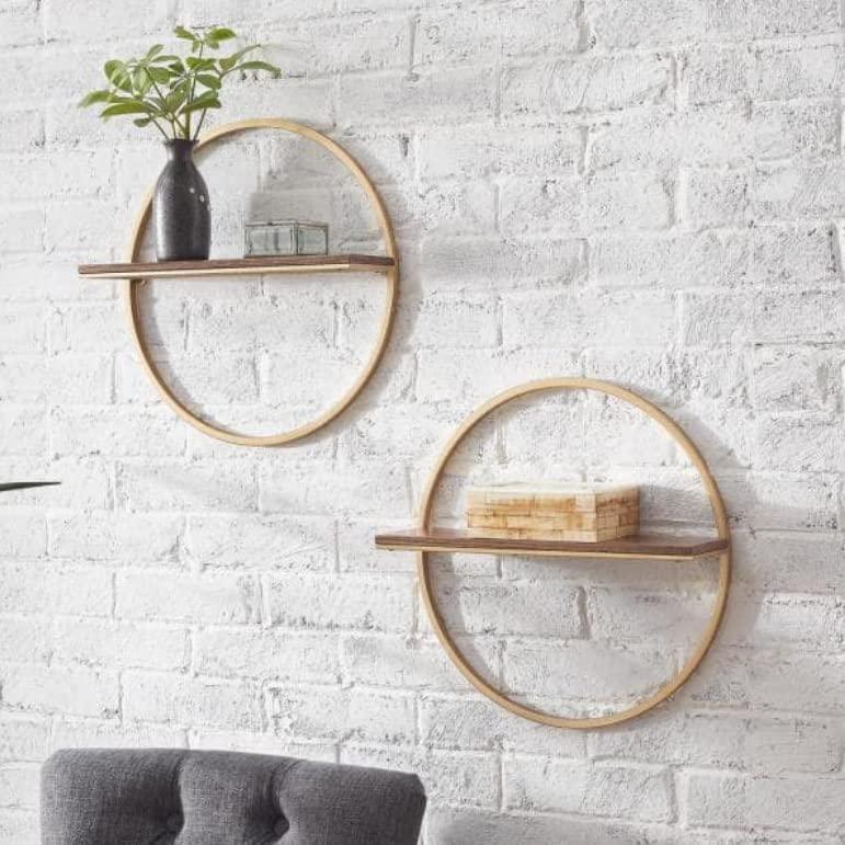 "Sahaj Hast Wall Mount Circle Geometric Shelf – Modern Wood & Metal Design, Set of 2, for Living Room or Study" - ART AKASHA STUDIO