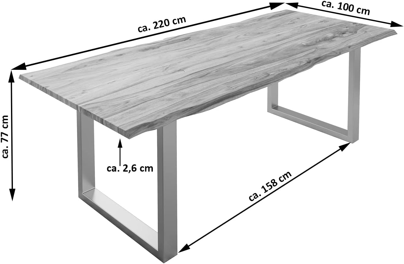 Sahajhast Solid Sheesham Wood Dining Table with Real Wane Edge and Silver U-Frame Base – Natural Finish - ART AKASHA STUDIO