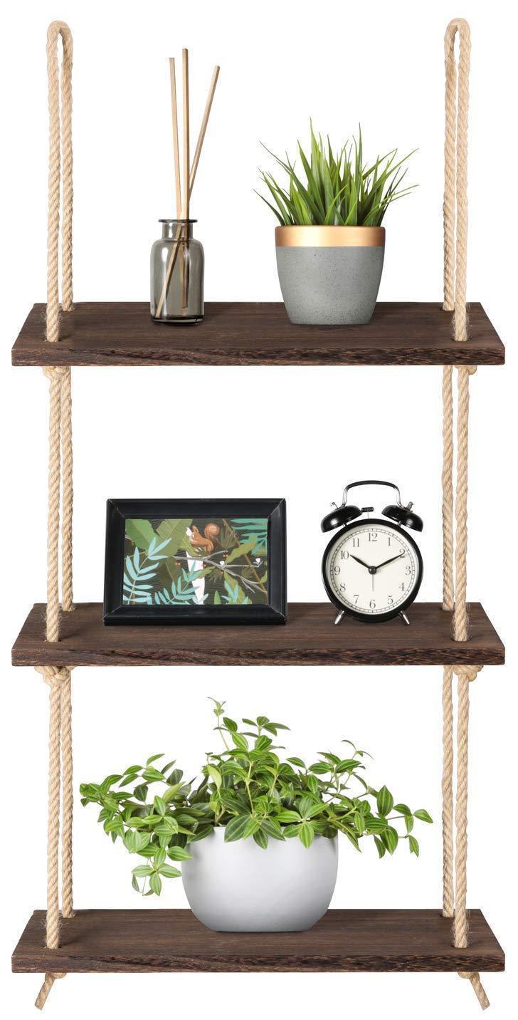 Wood Hanging Shelf Wall Swing Storage Shelves Jute Rope Organizer Rack, 3 Tier - ART AKASHA STUDIO