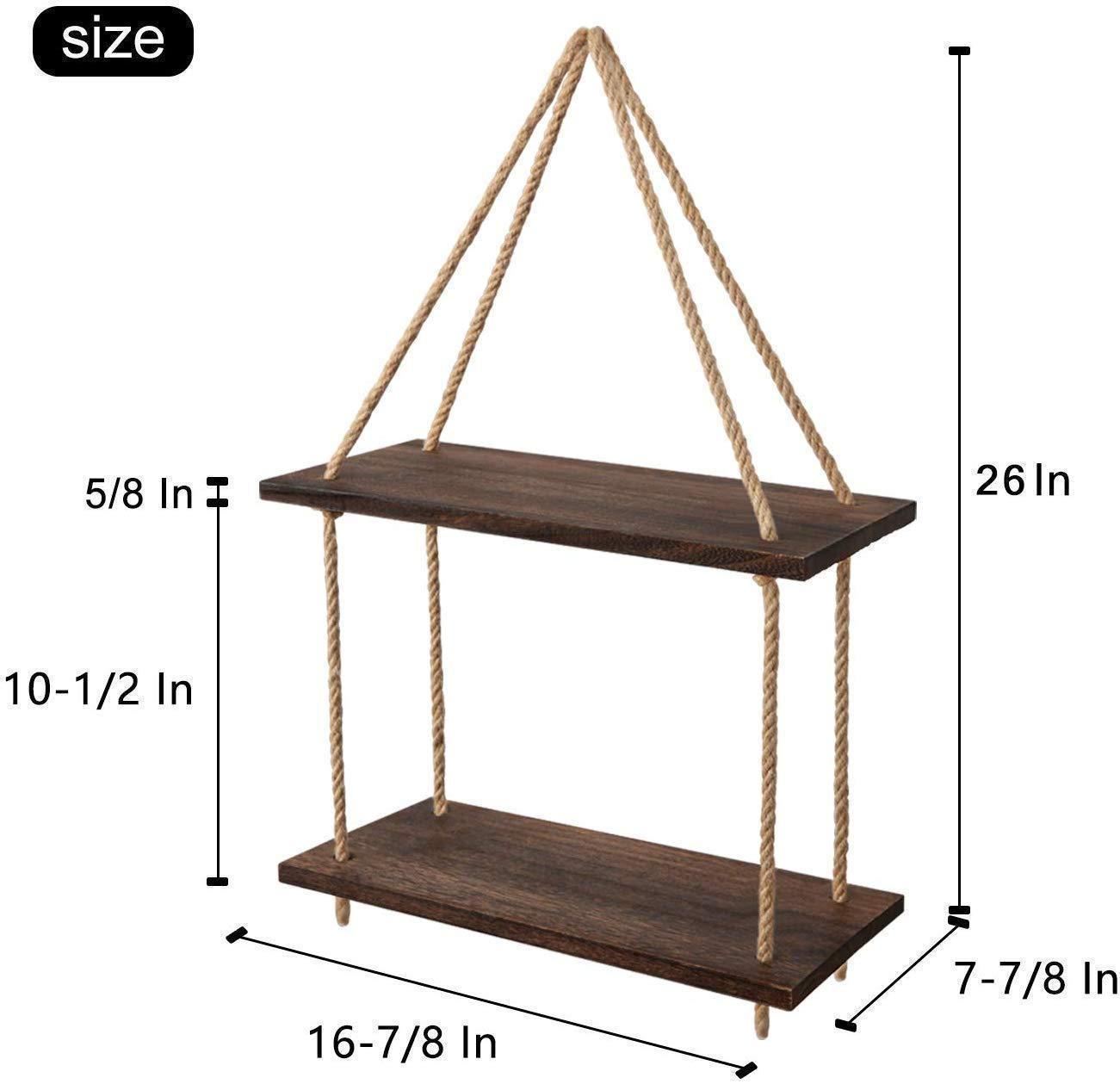 Wood Hanging Shelf Wall Swing Storage Shelves Jute Rope Organizer Rack, 2 Tier - ART AKASHA STUDIO