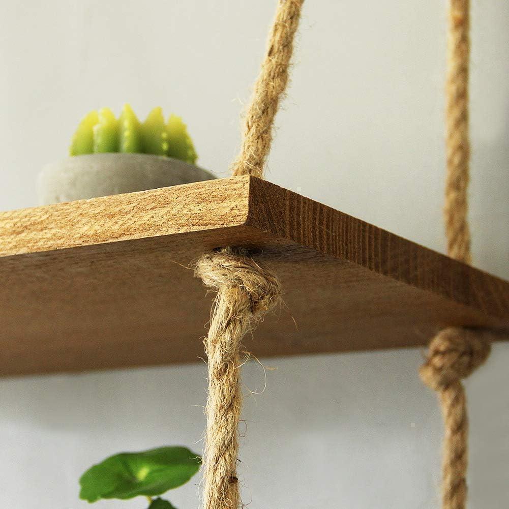 Wood Hanging Shelf Wall Swing Storage Shelves Jute Rope Organizer Rack, 2 Tier - ART AKASHA STUDIO