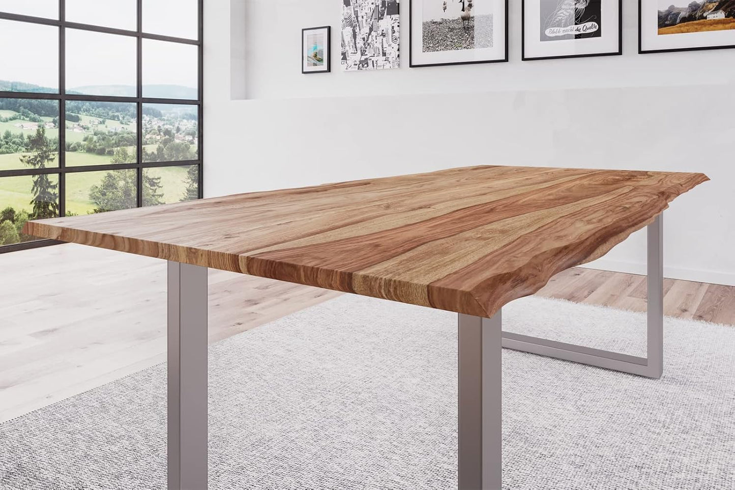 Sahajhast Solid Sheesham Wood Dining Table with Real Wane Edge and Silver U-Frame Base – Natural Finish - ART AKASHA STUDIO