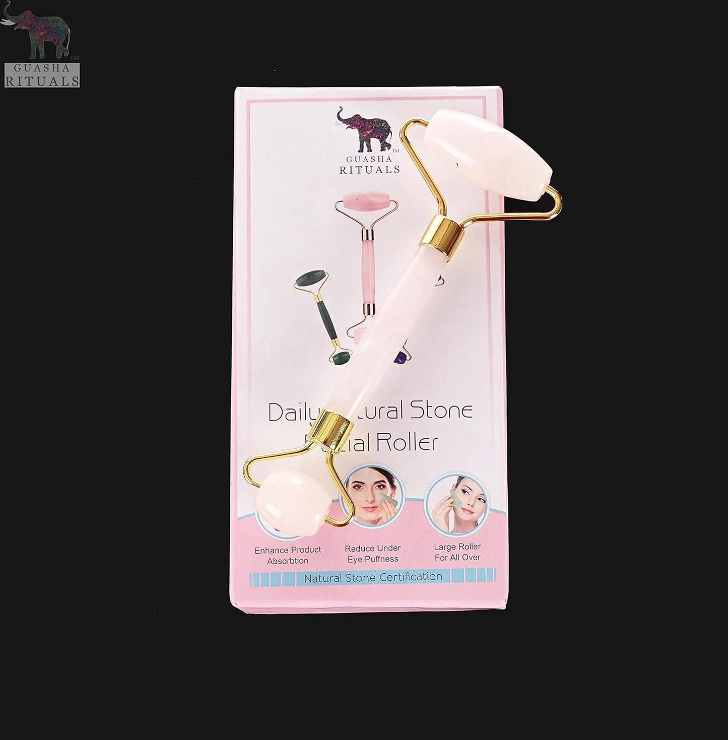 Natural certified Rose Quartz Facial Massage Roller Wand Gua Sha Spa - ART AKASHA STUDIO
