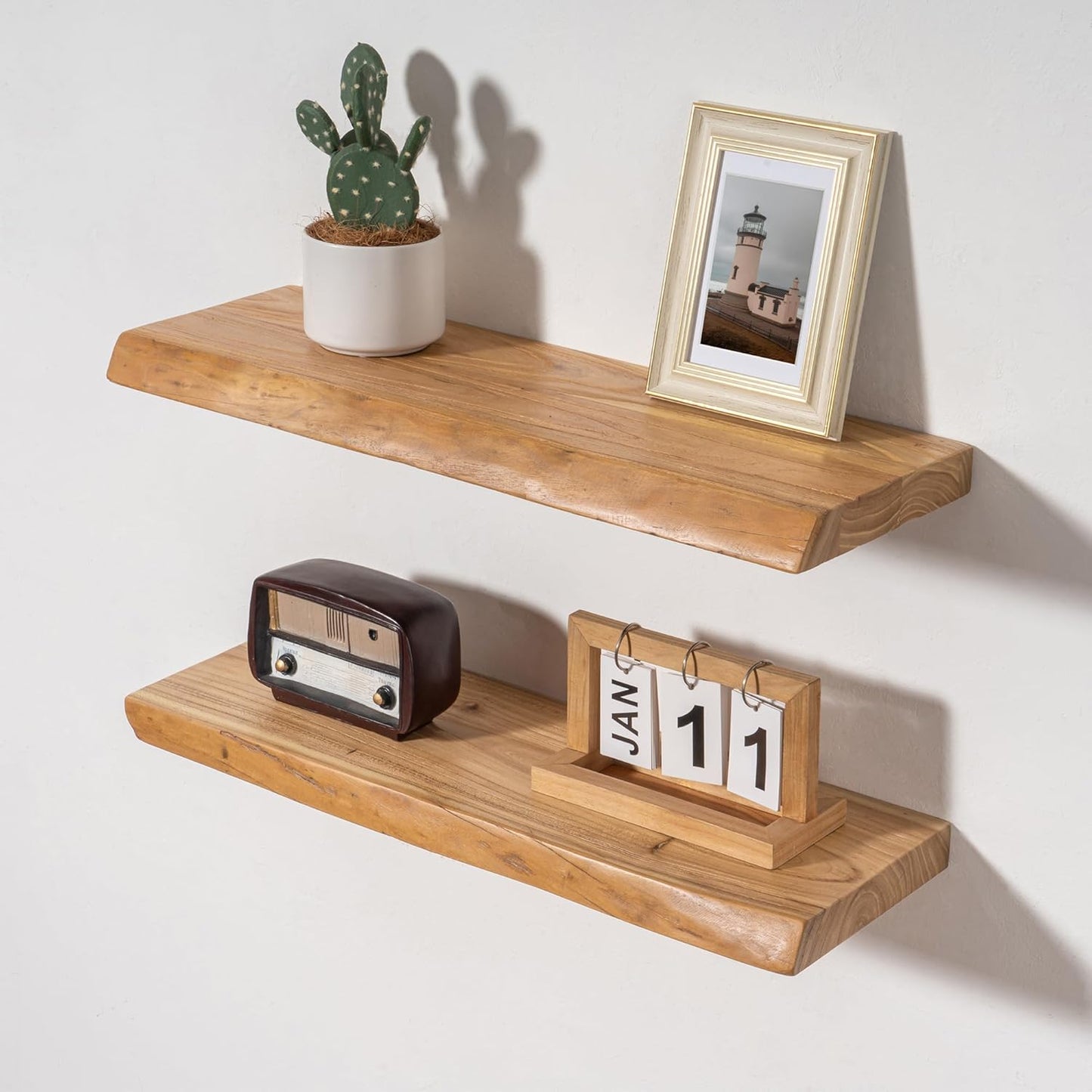 Live Edge Rustic Solid Elm Wood Floating 1 piece Shelves – Wall Mounted with Invisible Bracket | Natural Finish by Sahaj Hast - ART AKASHA STUDIO