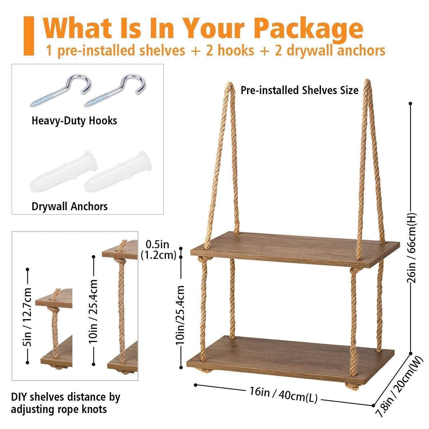 Wood Hanging Shelf Wall Swing Storage Shelves Jute Rope Organizer Rack, 2 Tier - ART AKASHA STUDIO