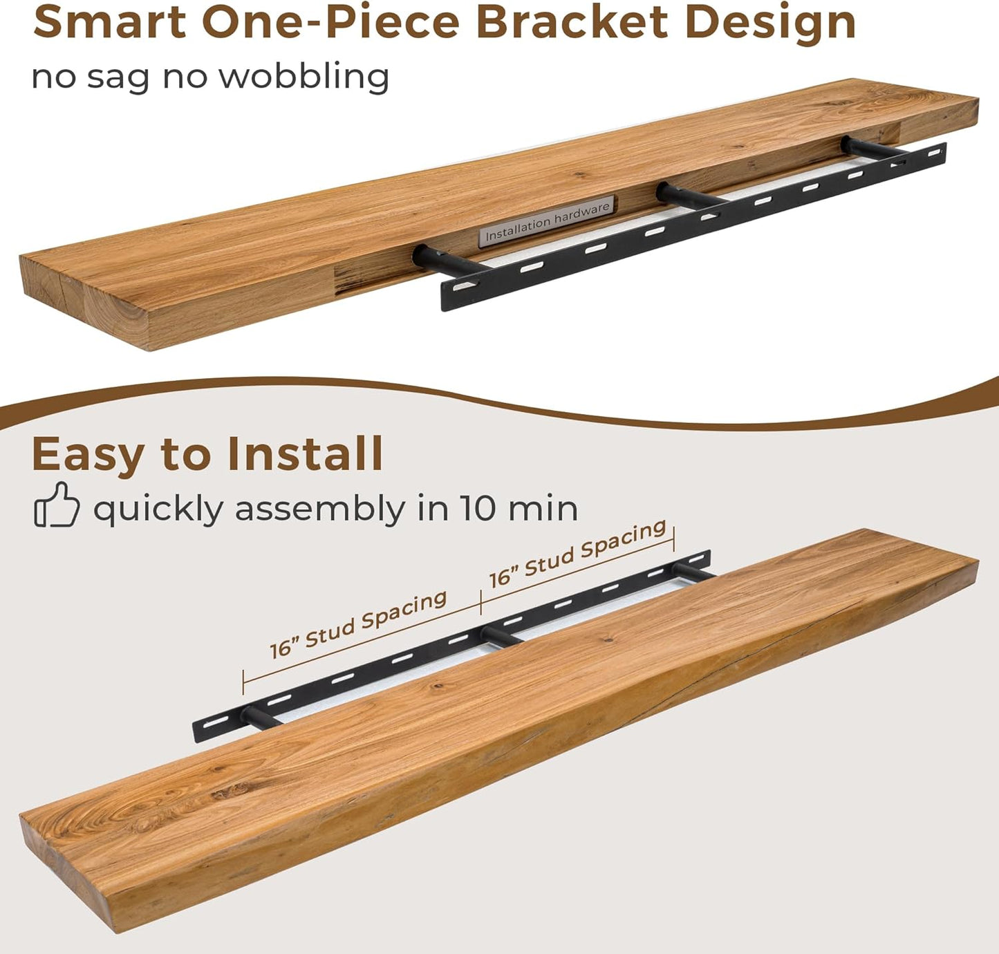 Live Edge Rustic Solid Elm Wood Floating 1 piece Shelves – Wall Mounted with Invisible Bracket | Natural Finish by Sahaj Hast - ART AKASHA STUDIO