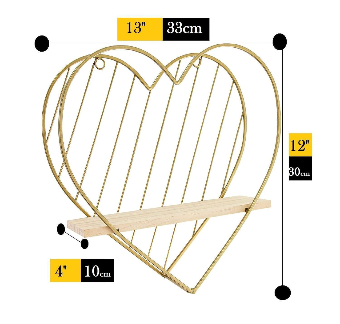 Gold Metal Heart wooden Floating wall Shelves - ART AKASHA STUDIO