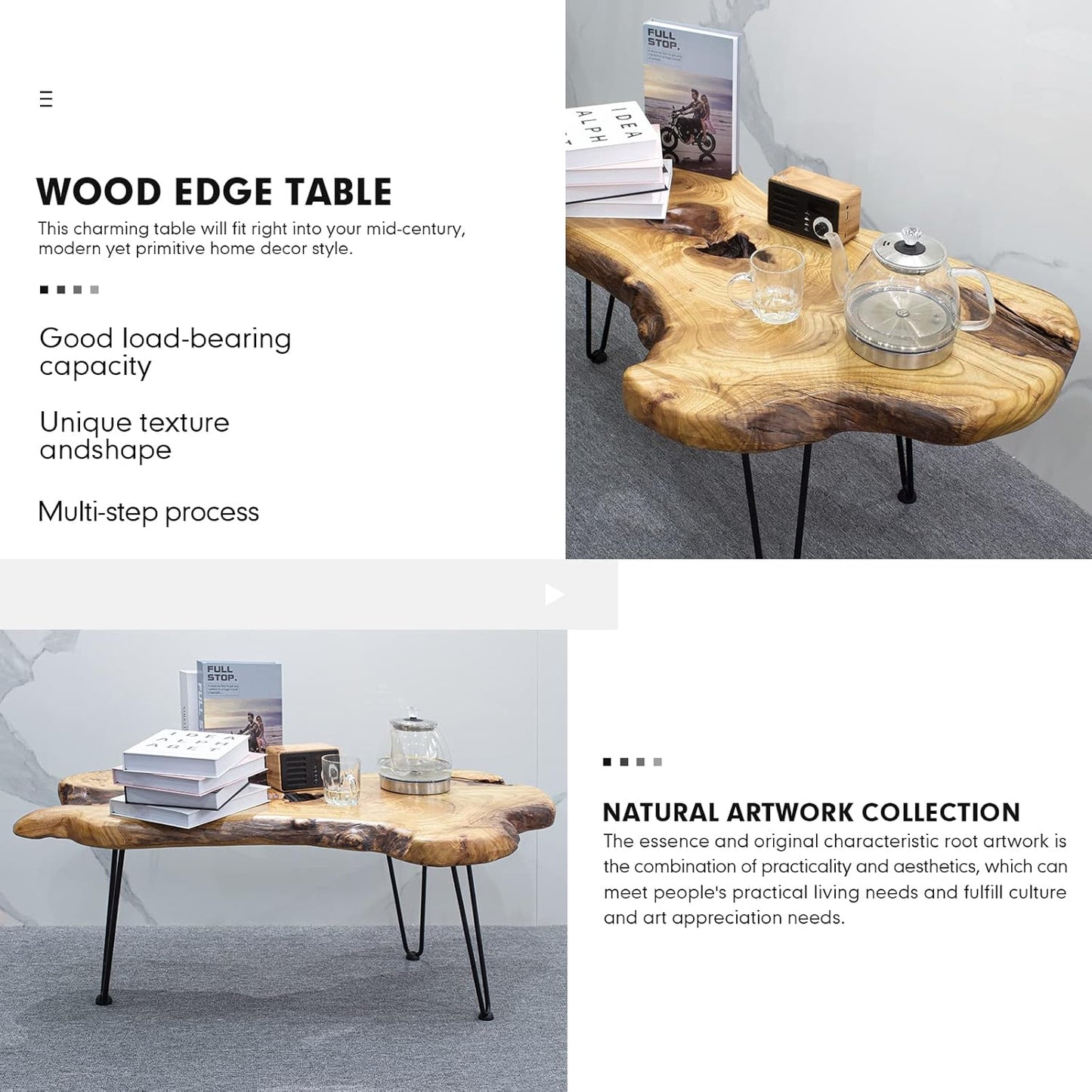 Sahaj Hast Modern Coffee Table with Natural Wood Edge and Hairpin Legs - ART AKASHA STUDIO