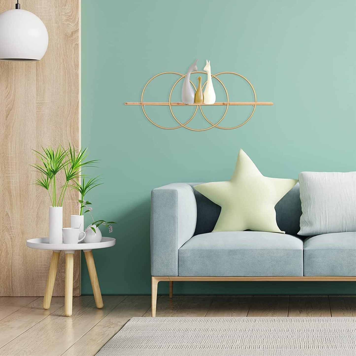 Modern Gold Geometric Wall Shelf – Stylish Metal Frame with Wooden Panel - ART AKASHA STUDIO