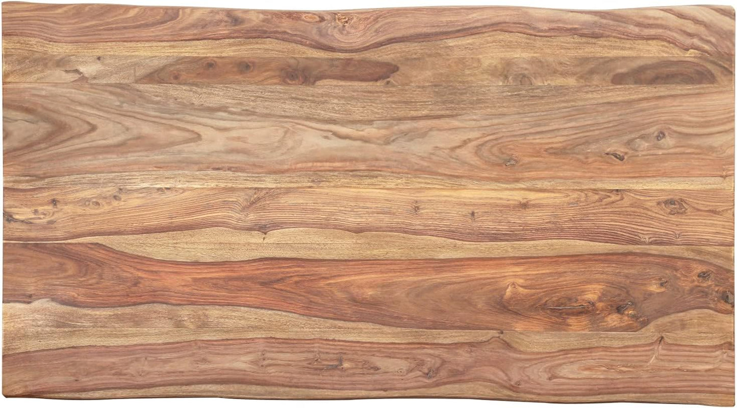 Sahajhast Solid Sheesham Wood Dining Table with Real Wane Edge and Silver U-Frame Base – Natural Finish - ART AKASHA STUDIO