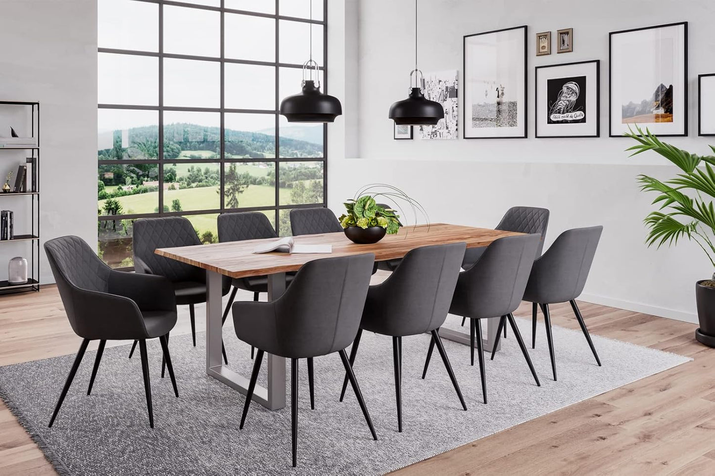 Sahajhast Solid Sheesham Wood Dining Table with Real Wane Edge and Silver U-Frame Base – Natural Finish - ART AKASHA STUDIO