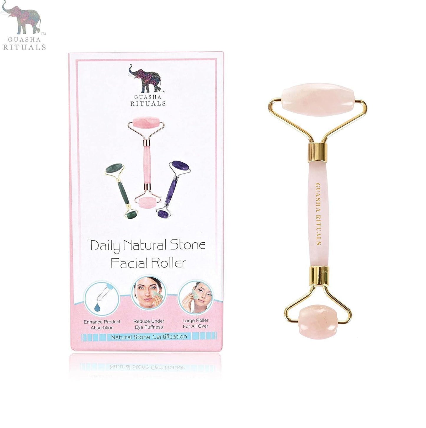 Natural certified Rose Quartz Facial Massage Roller Wand Gua Sha Spa - ART AKASHA STUDIO