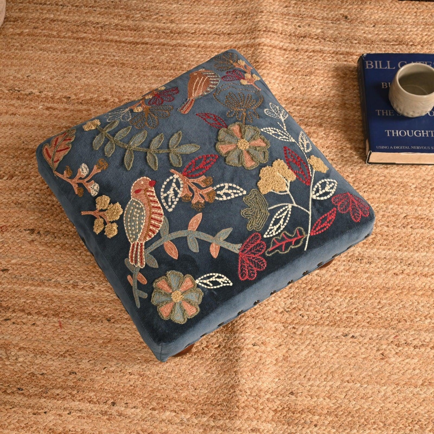 Handcrafted Velvet Embroidered Footstool by Sahaj Hast - ART AKASHA STUDIO