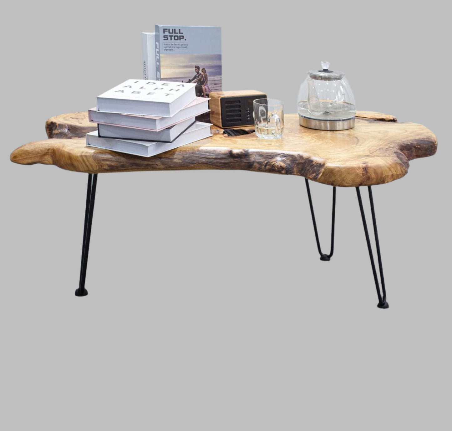 Sahaj Hast Modern Coffee Table with Natural Wood Edge and Hairpin Legs - ART AKASHA STUDIO