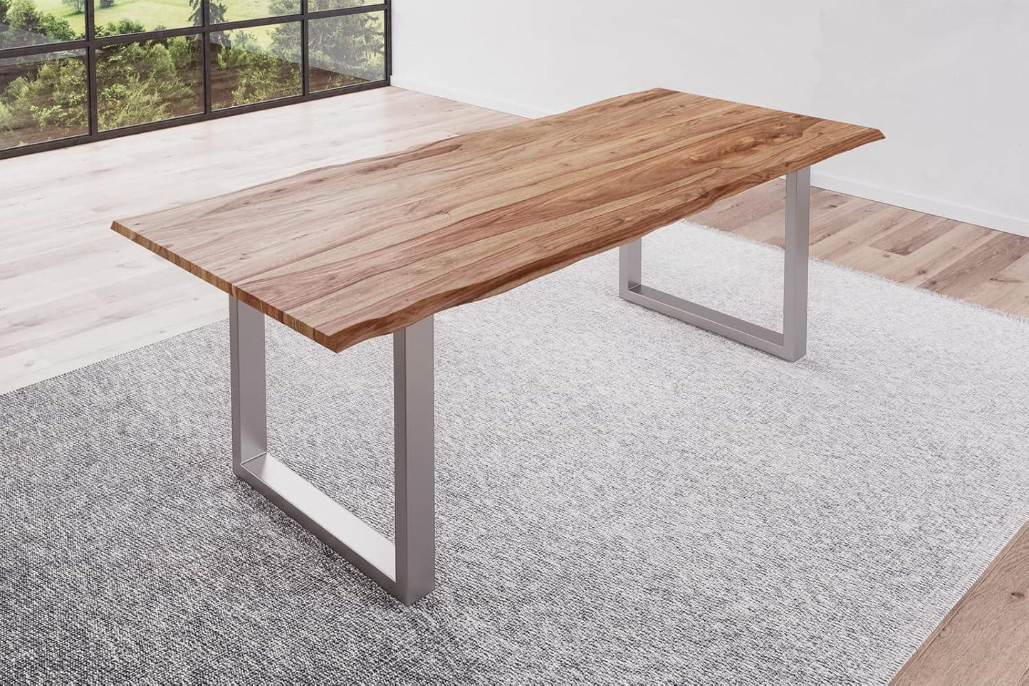 Sahajhast Solid Sheesham Wood Dining Table with Real Wane Edge and Silver U-Frame Base – Natural Finish - ART AKASHA STUDIO