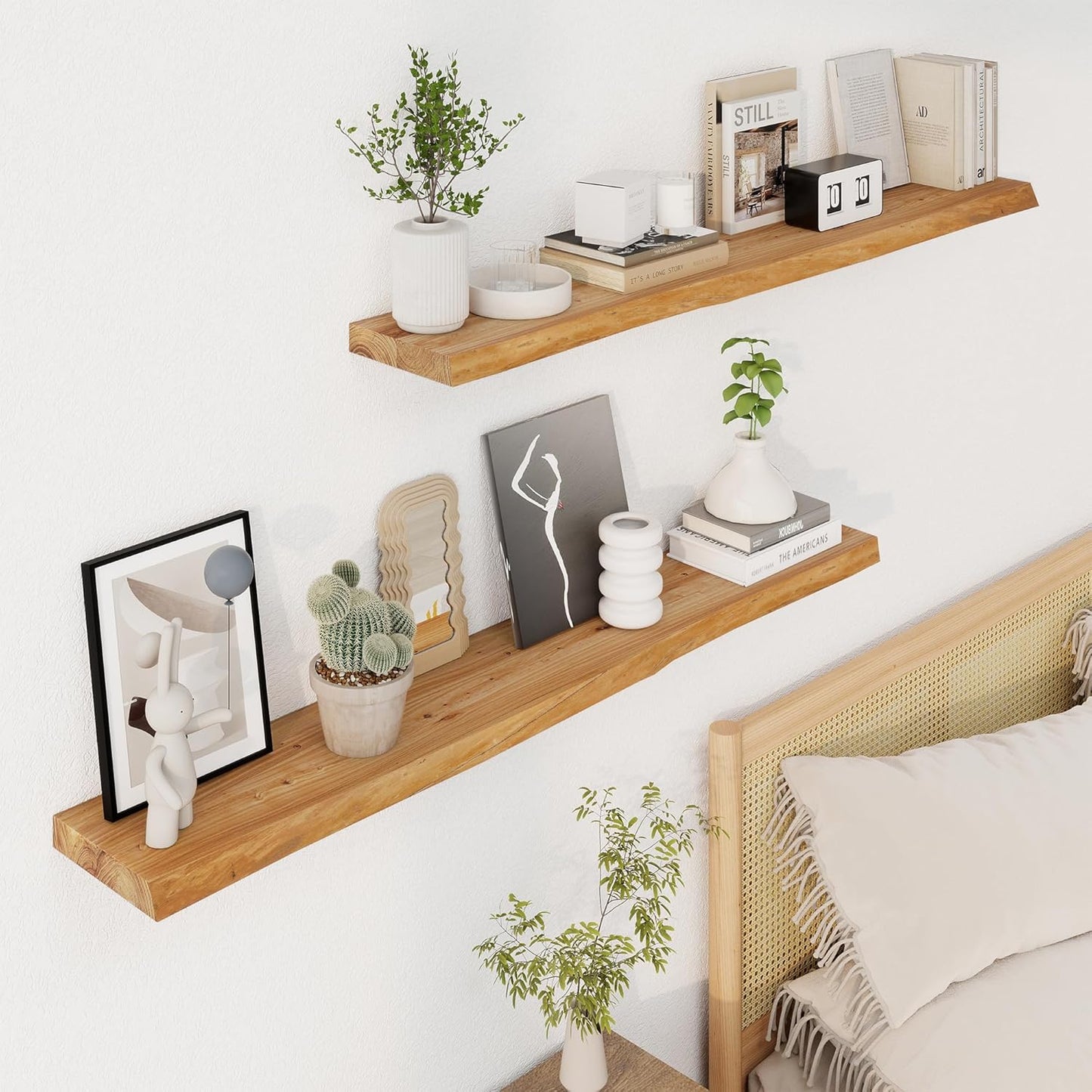 Live Edge Rustic Solid Elm Wood Floating 1 piece Shelves – Wall Mounted with Invisible Bracket | Natural Finish by Sahaj Hast - ART AKASHA STUDIO