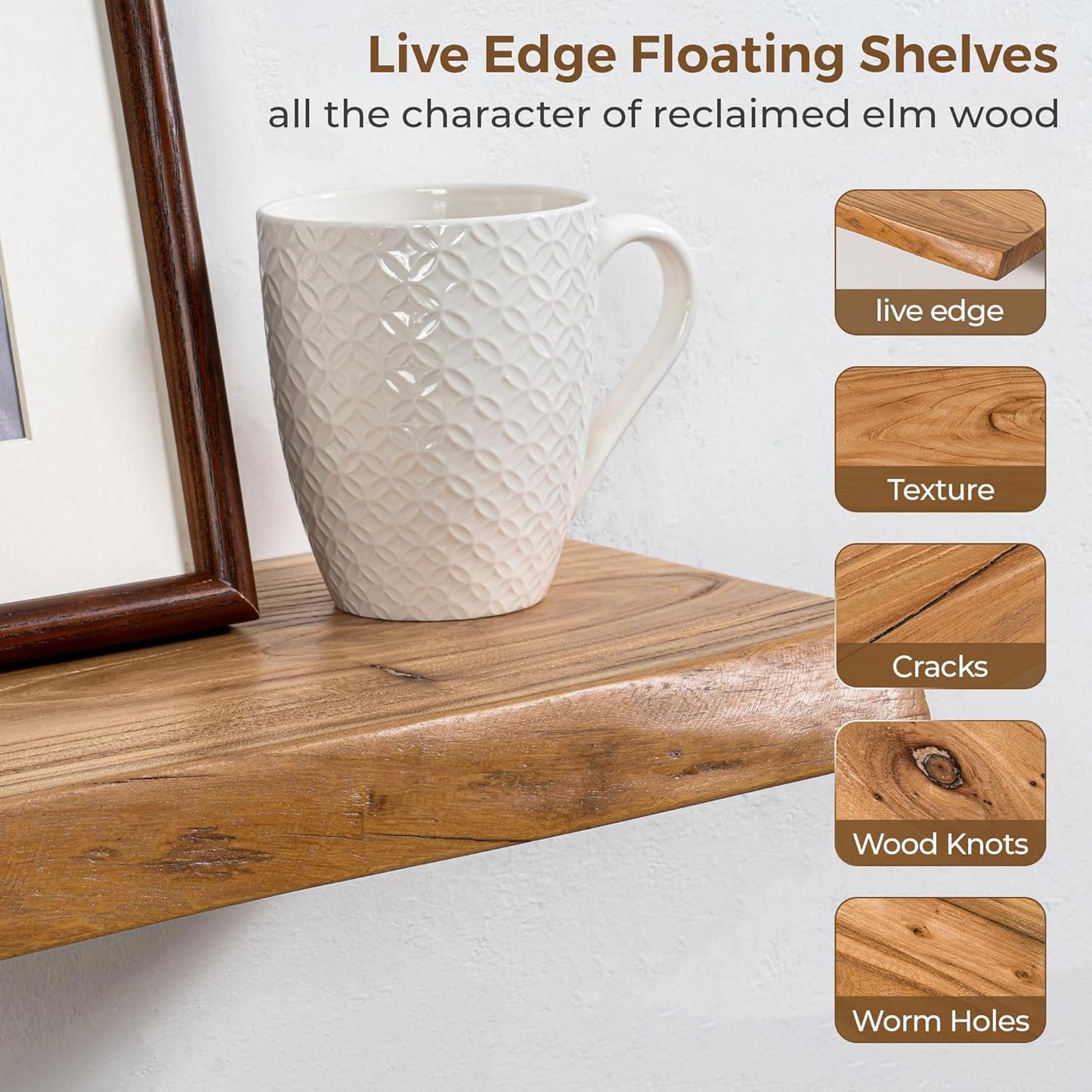 Live Edge Rustic Solid Elm Wood Floating 1 piece Shelves – Wall Mounted with Invisible Bracket | Natural Finish by Sahaj Hast - ART AKASHA STUDIO