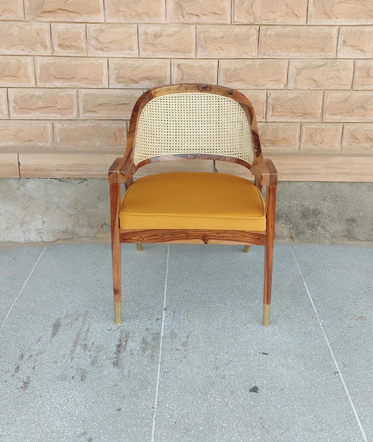 Sahaj Hast Wooden Rattan Wicker Cane Upholstered Armchair with Cushion - ART AKASHA STUDIO