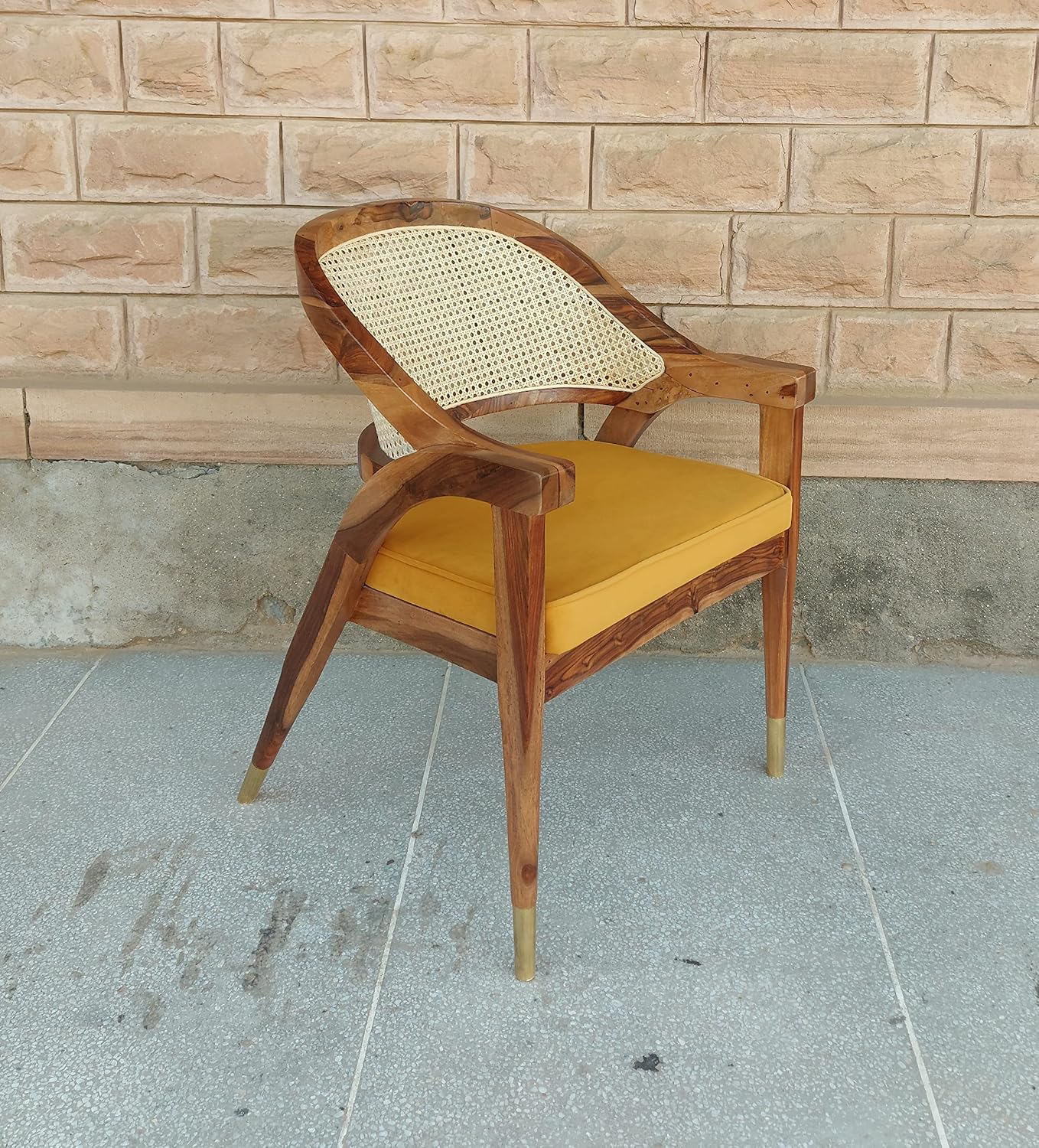 Sahaj Hast Wooden Rattan Wicker Cane Upholstered Armchair with Cushion - ART AKASHA STUDIO