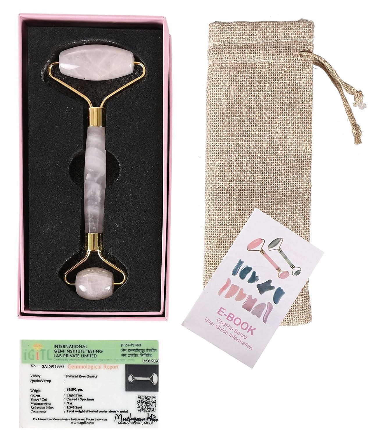 Natural certified Rose Quartz Facial Massage Roller Wand Gua Sha Spa - ART AKASHA STUDIO