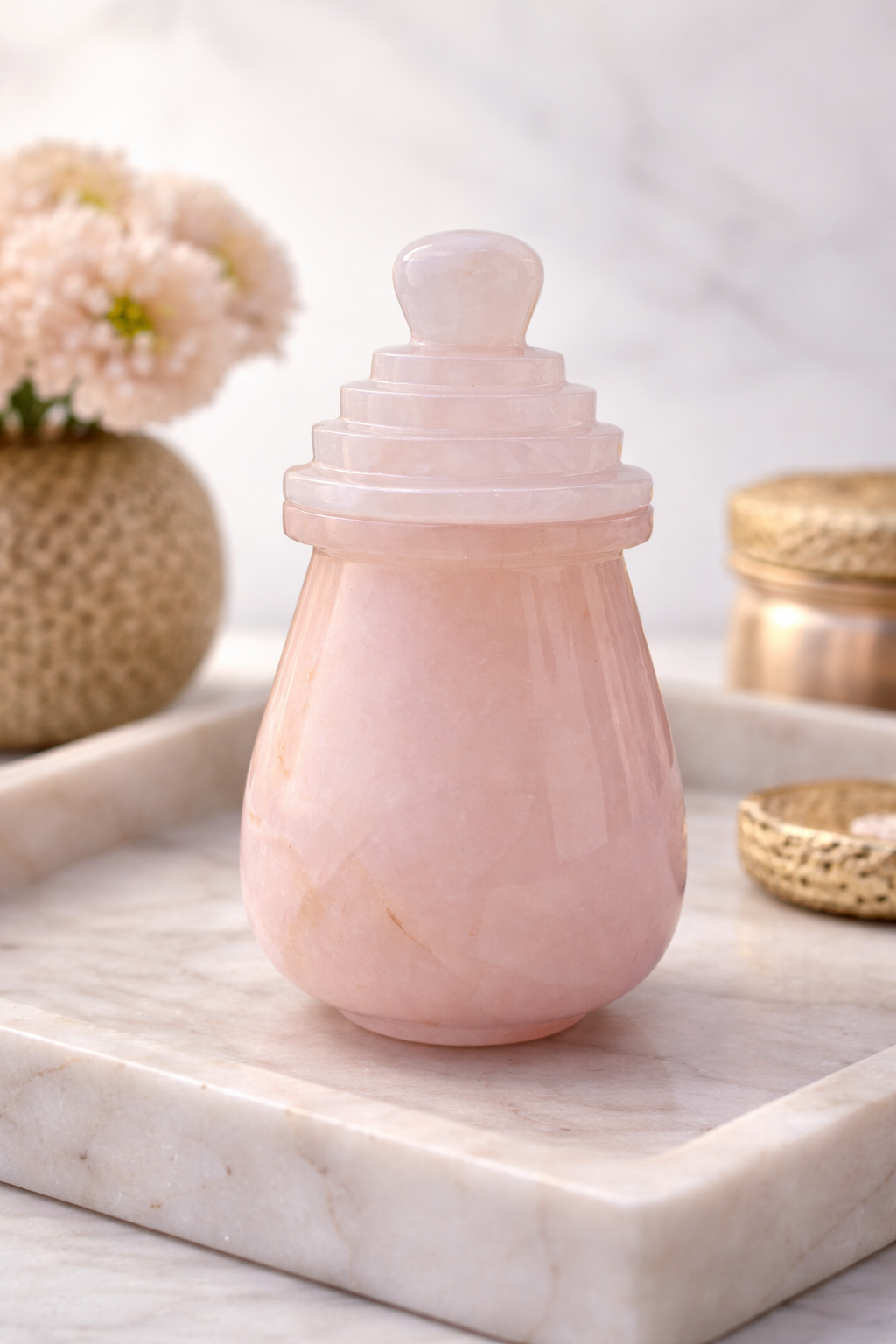 Rose Quartz Mughal Jar with Lid – Handcrafted Natural Gemstone Storage Jar for Luxury Décor & Gifting