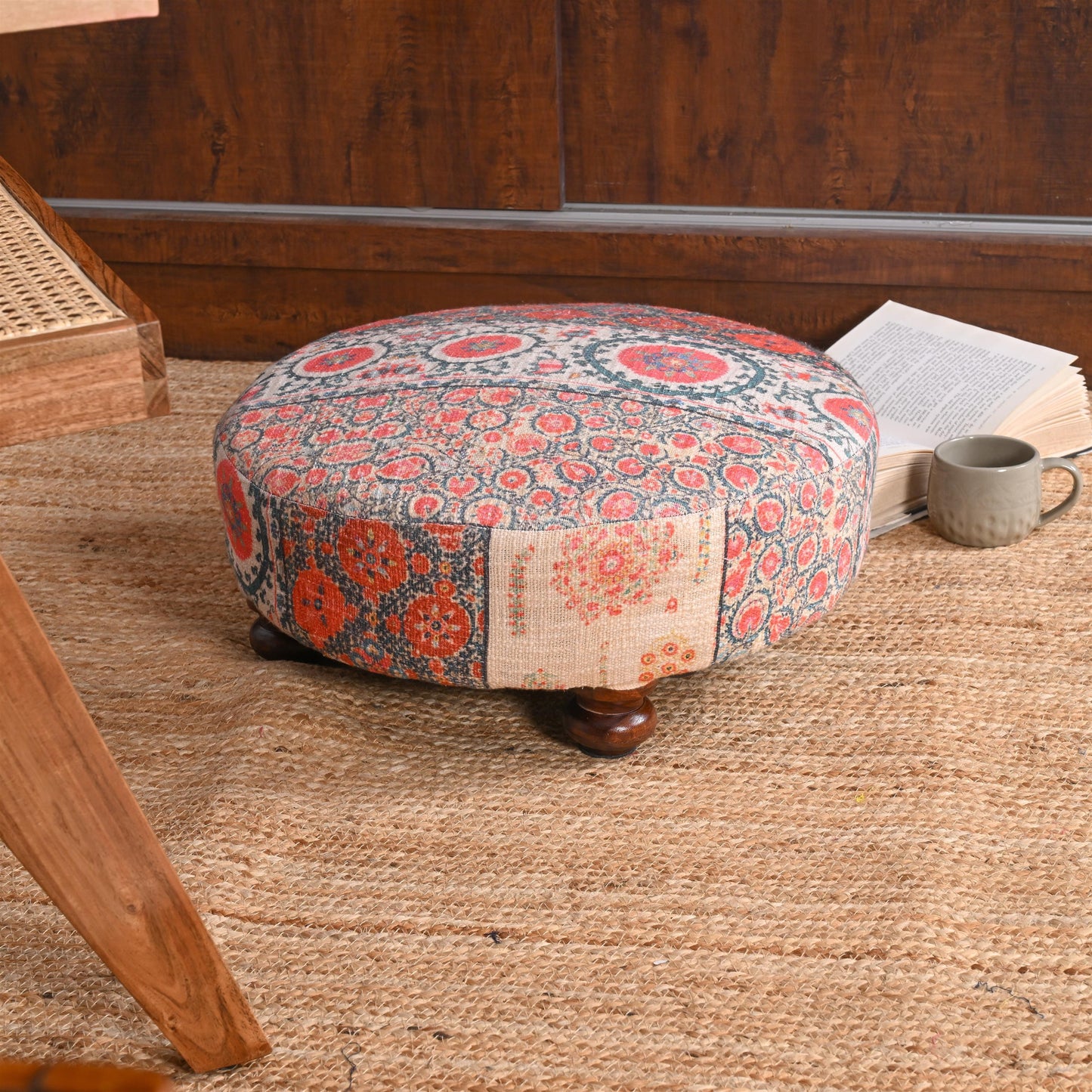 Vintage-Inspired Round Ottoman with Intricate Floral Design - ART AKASHA STUDIO