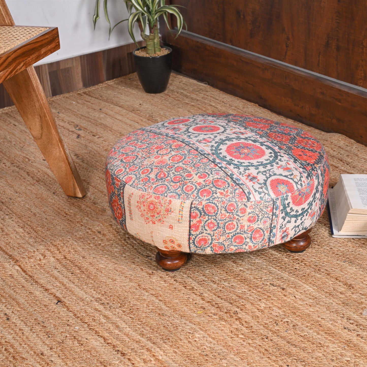 Vintage-Inspired Round Ottoman with Intricate Floral Design - ART AKASHA STUDIO