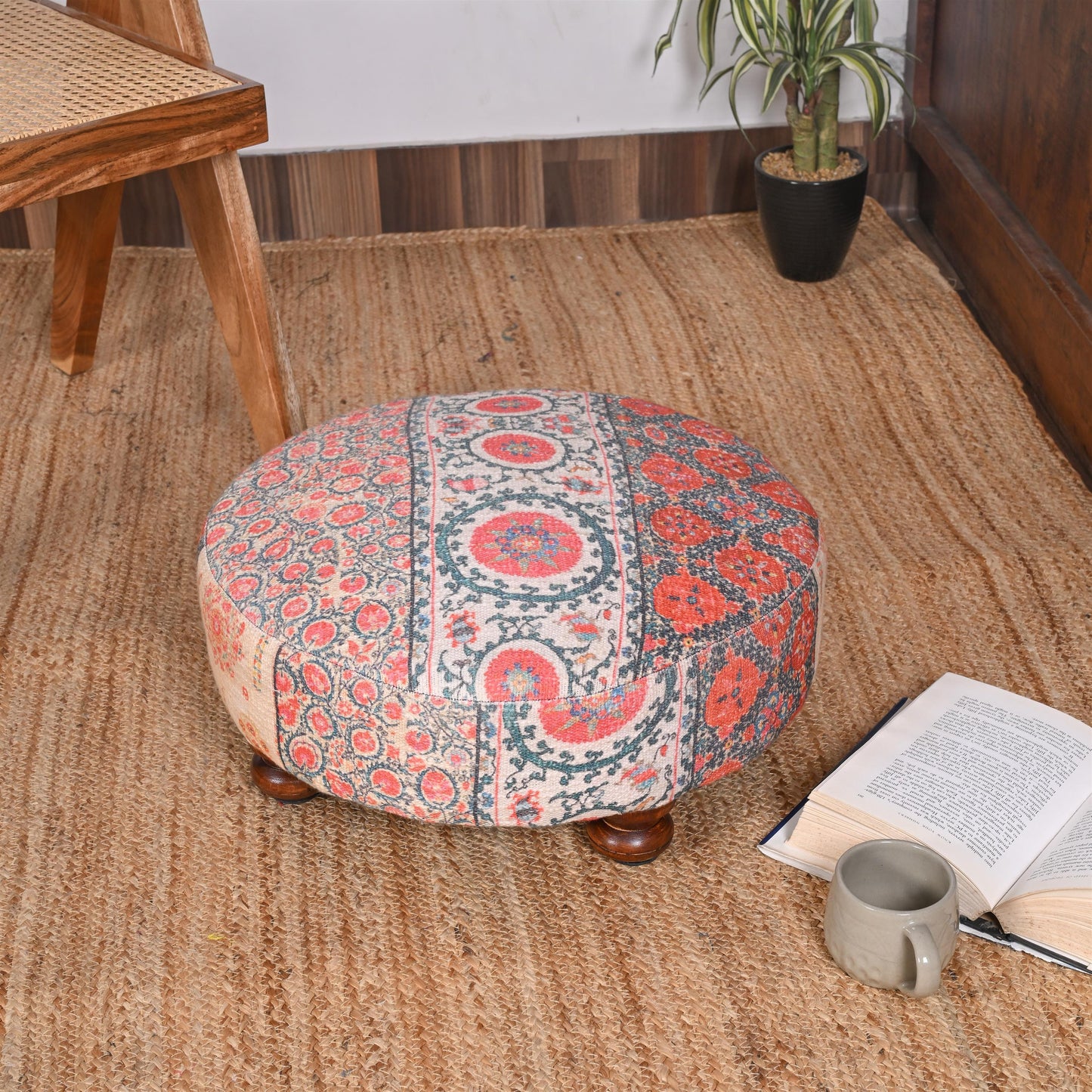 Vintage-Inspired Round Ottoman with Intricate Floral Design - ART AKASHA STUDIO
