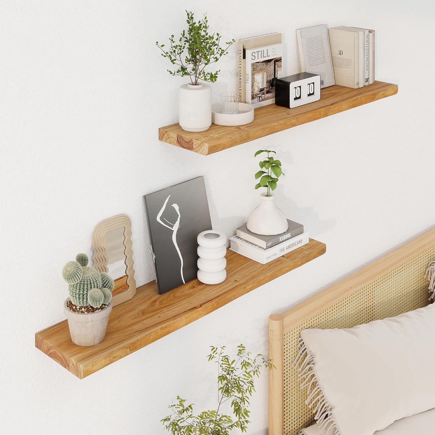Live Edge Rustic Solid Elm Wood Floating 1 piece Shelves – Wall Mounted with Invisible Bracket | Natural Finish by Sahaj Hast - ART AKASHA STUDIO