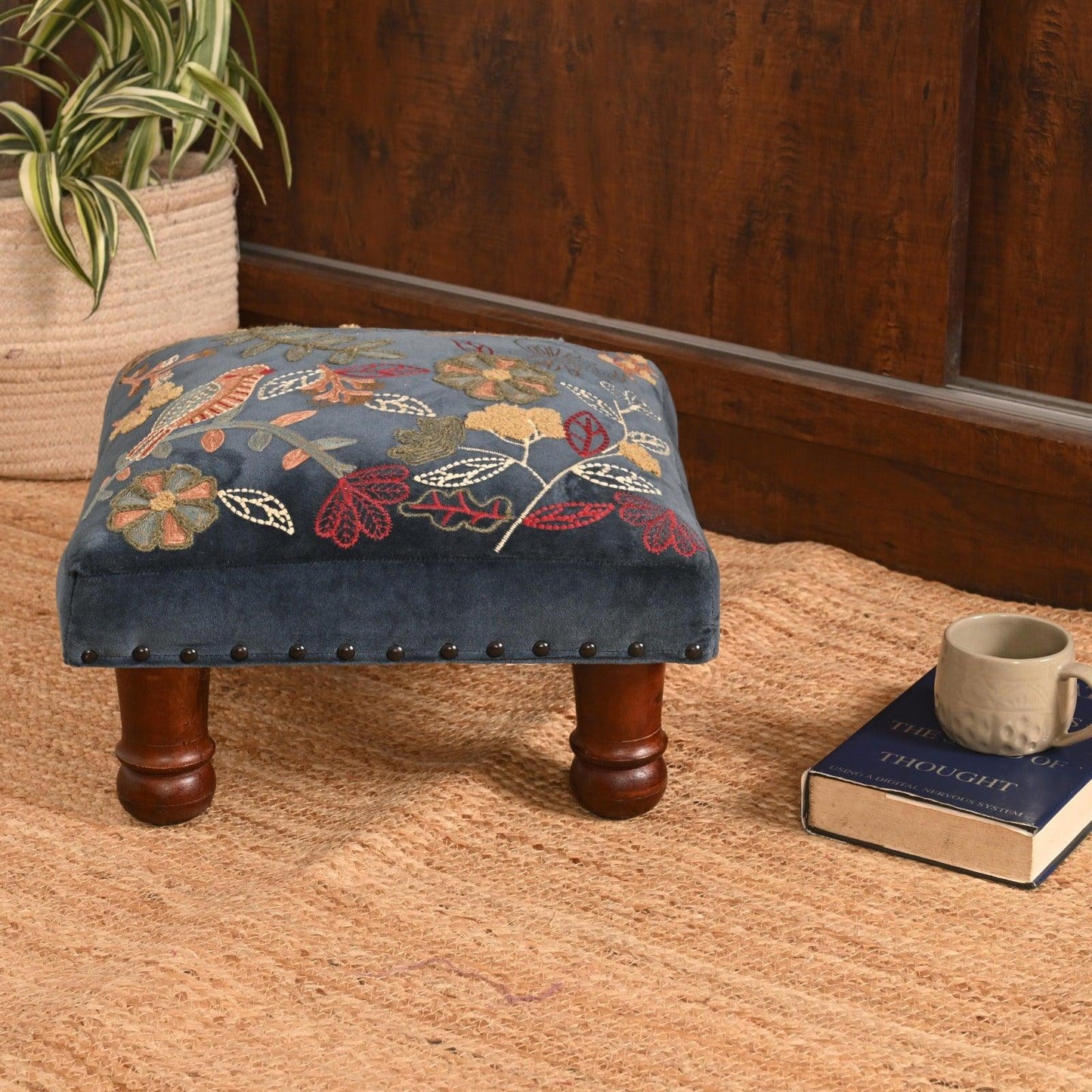 Handcrafted Velvet Embroidered Footstool by Sahaj Hast - ART AKASHA STUDIO