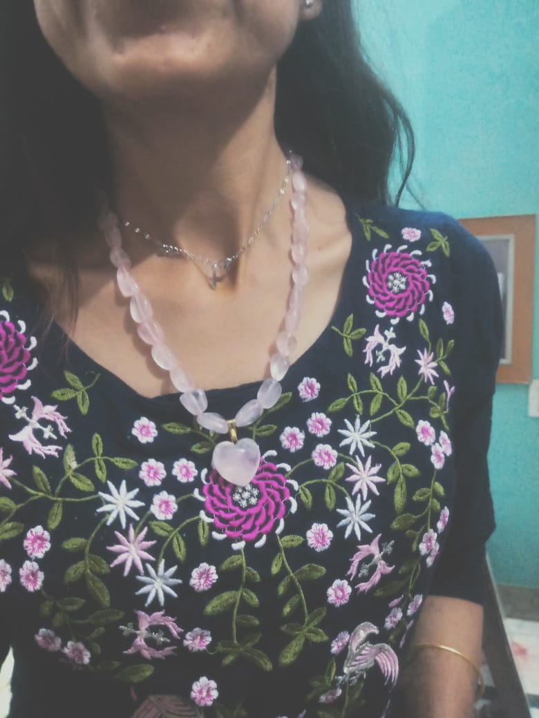 SahajHast Handmade Rose Quartz Beaded Necklace with Heart Pendant – Natural Crystal Jewelry for Love & Healing - ART AKASHA STUDIO