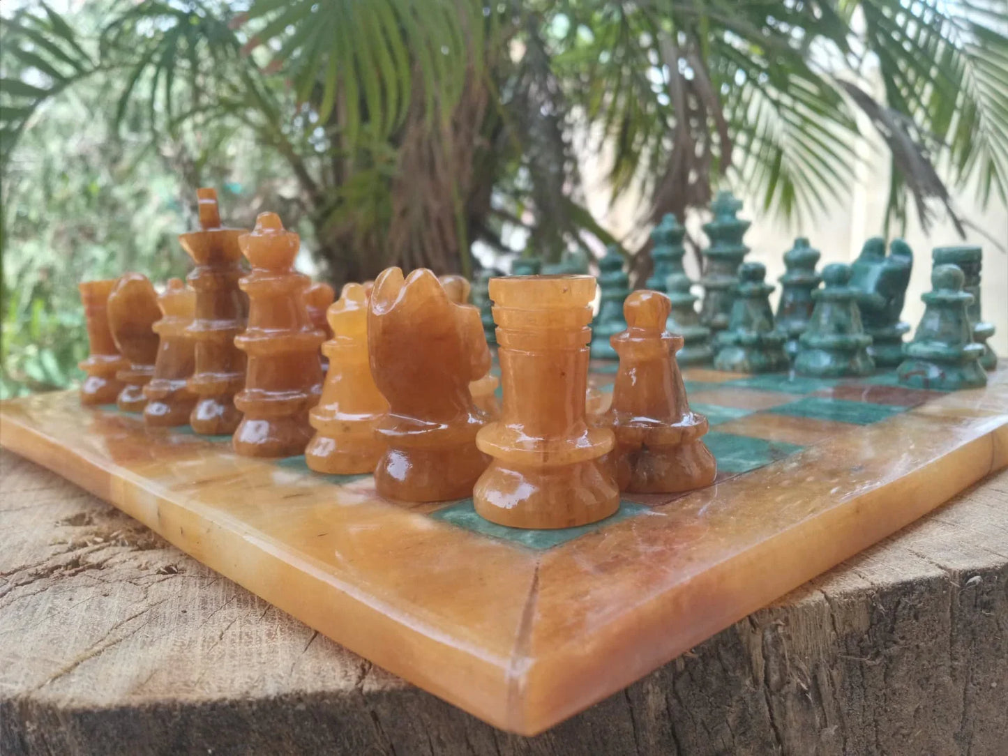 Sahaj Hast Handcrafted Yellow Aventurine & Green Jasper Stone Chess Set – With Brass Stand & Storage Box - ART AKASHA STUDIO