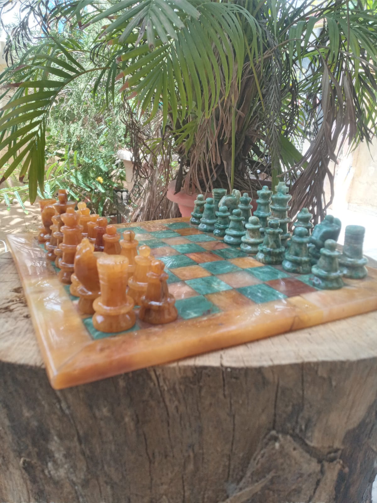 Sahaj Hast Handcrafted Yellow Aventurine & Green Jasper Stone Chess Set – With Brass Stand & Storage Box - ART AKASHA STUDIO
