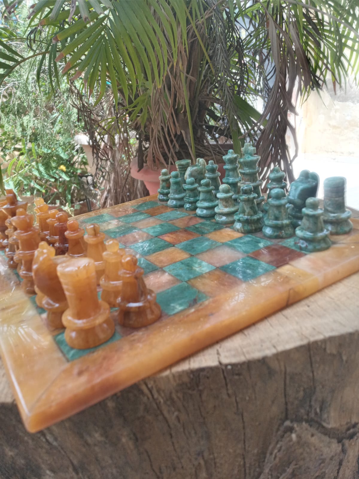 Sahaj Hast Handcrafted Yellow Aventurine & Green Jasper Stone Chess Set – With Brass Stand & Storage Box - ART AKASHA STUDIO