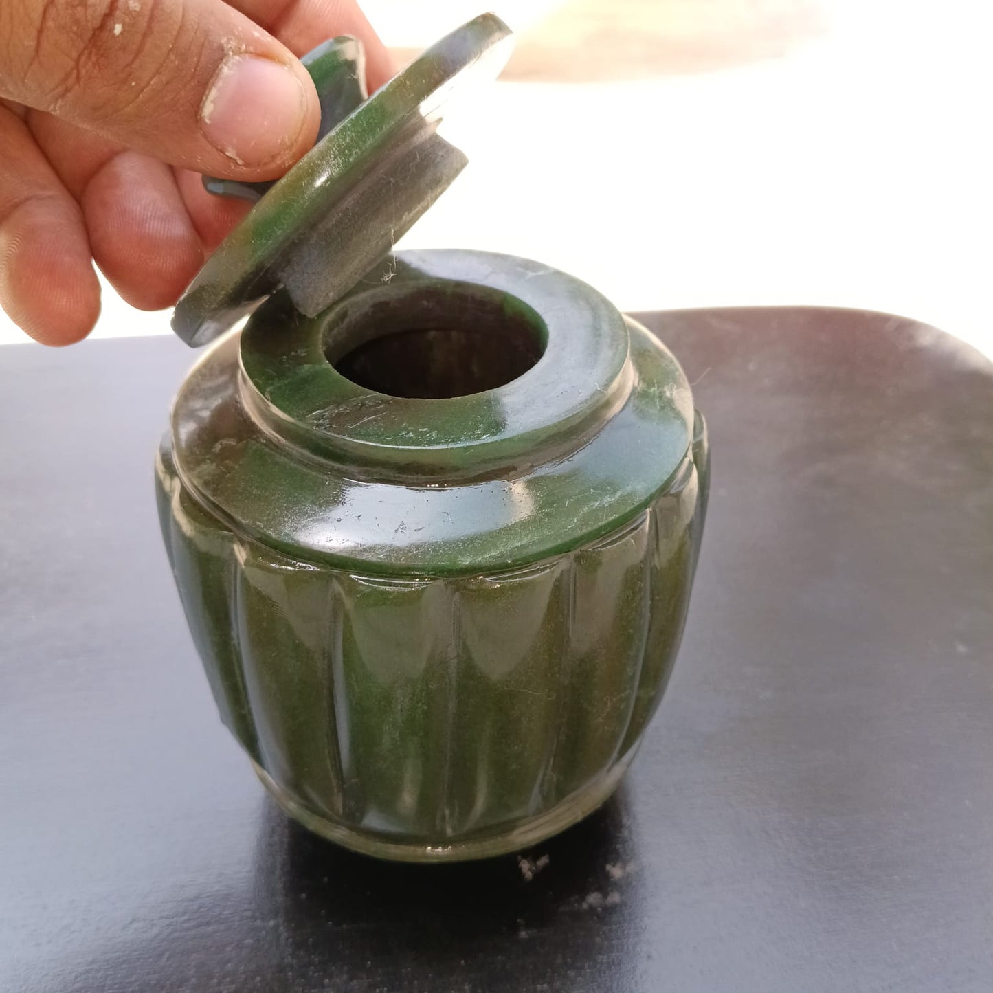 Mughal Colombian Jade Jar with Lid – Handcrafted Natural Jade Stone Storage Jar for Luxury Décor & Gifting