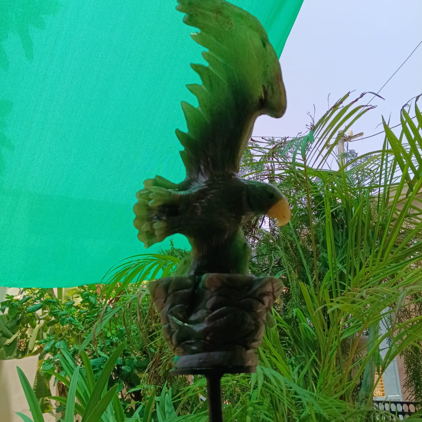 Hand-Carved Green Jade Eagle Sculpture on Metal Stand | Luxury Gemstone Décor