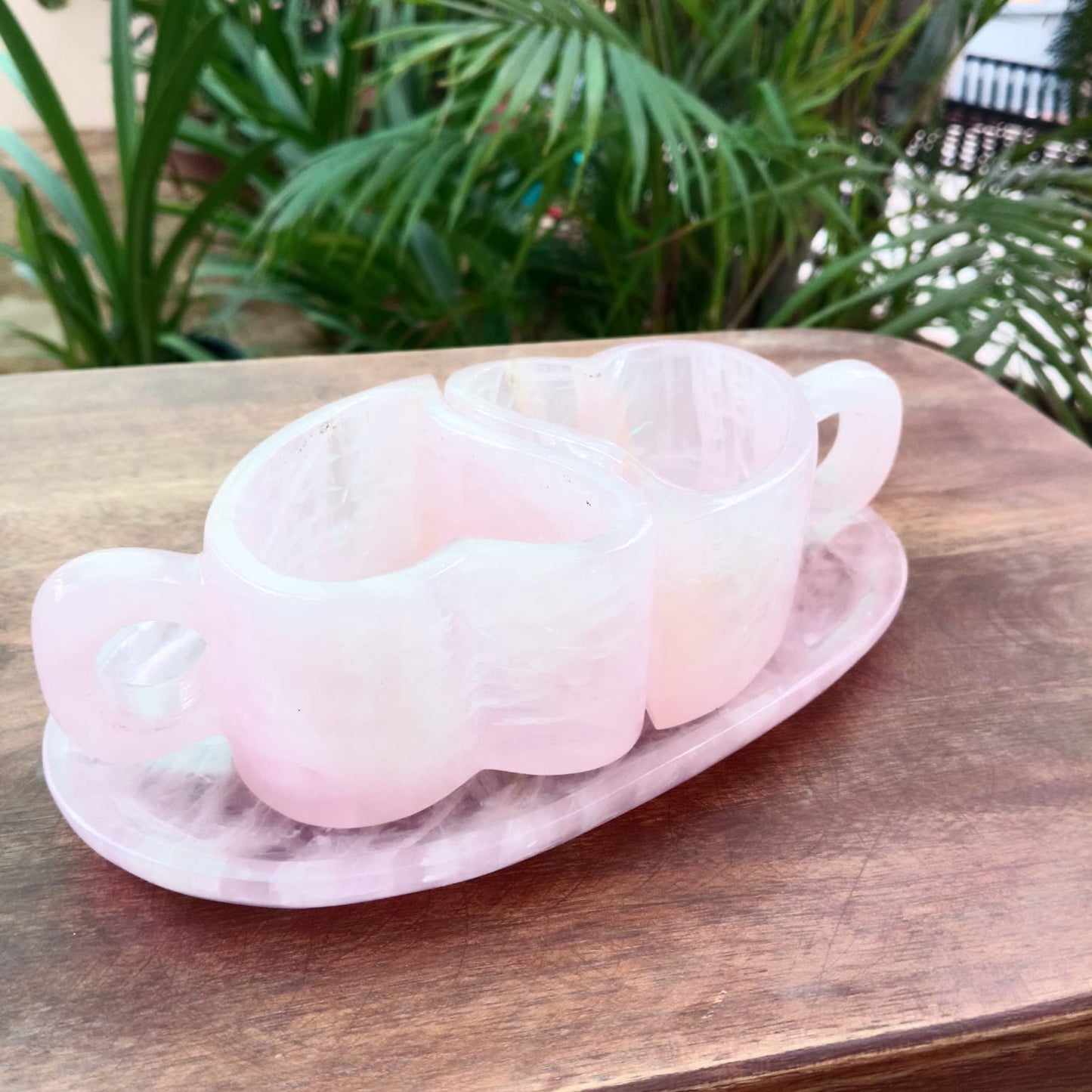 Handcrafted Rose Quartz Heart Coffee Cup Set with Tray | Luxury Couple Gift