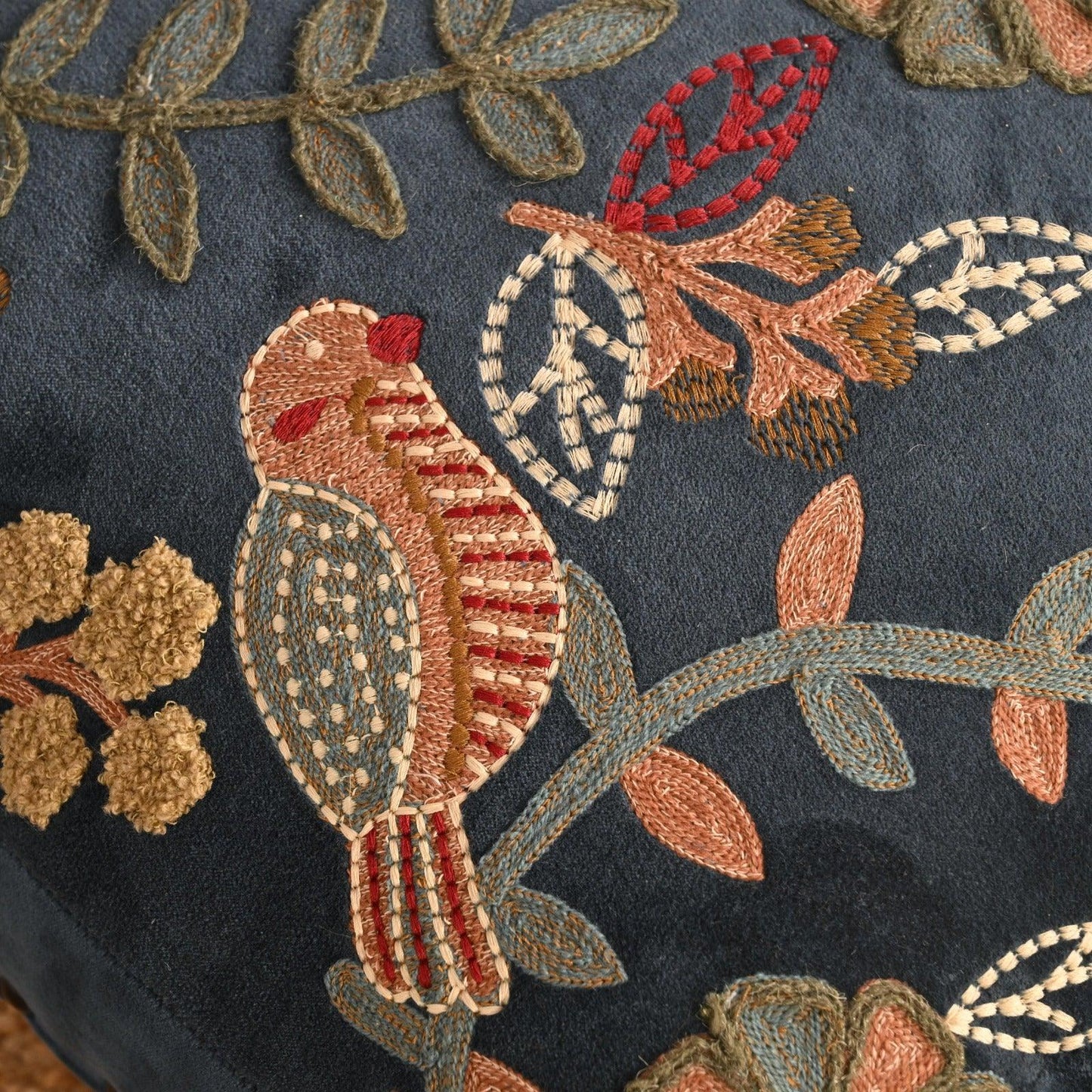 Handcrafted Velvet Embroidered Footstool by Sahaj Hast - ART AKASHA STUDIO