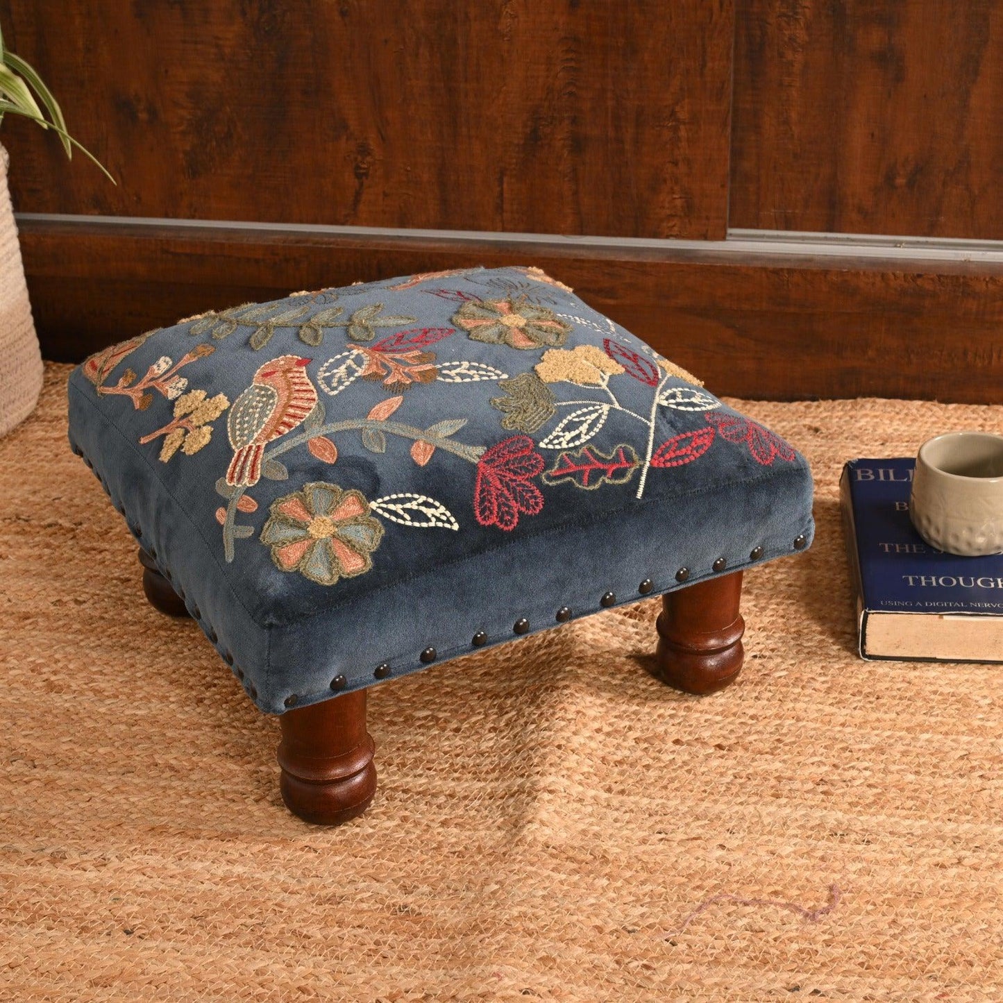Handcrafted Velvet Embroidered Footstool by Sahaj Hast - ART AKASHA STUDIO
