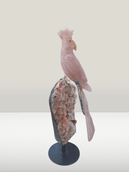 Rose Quartz Macaw Sculpture - Aventurine, Sodalite & Apophyllite Stand - ART AKASHA STUDIO