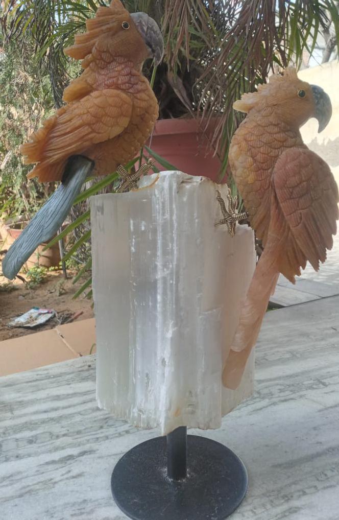 Yellow Aventurine Parrot Pair on Selenite Stand - Sodalite Accents, Handcrafted - ART AKASHA STUDIO