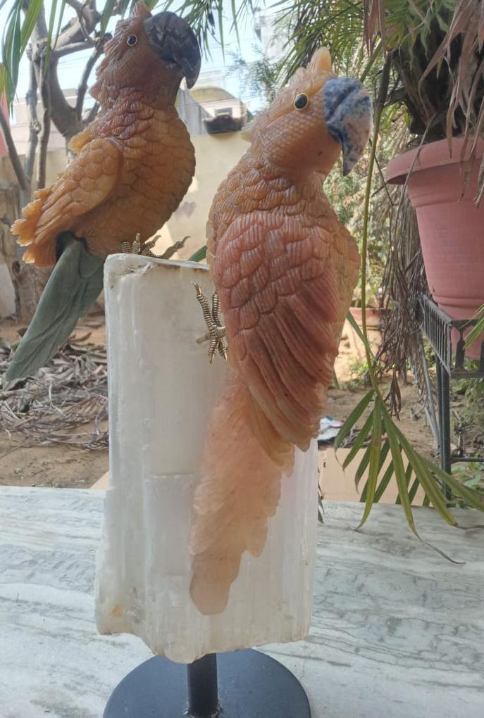 Yellow Aventurine Parrot Pair on Selenite Stand - Sodalite Accents, Handcrafted - ART AKASHA STUDIO