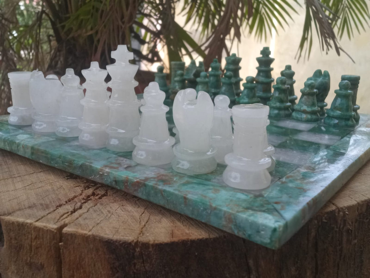 Sahaj Hast Handcrafted Green Jasper & White Quartz Stone Chess Set – With Brass Stand & Storage Box - ART AKASHA STUDIO